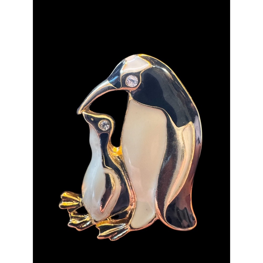 VTG Penguin & Baby Cubic Zirconia Eyes Black/White Enamel Gold-tone Brooch